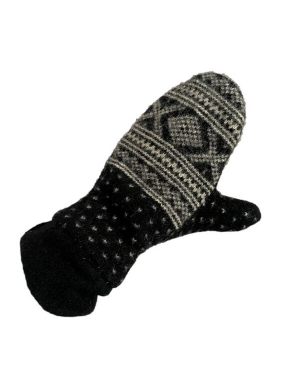 Black White Fair Isle Fleece Lined Wool Mitts - Small